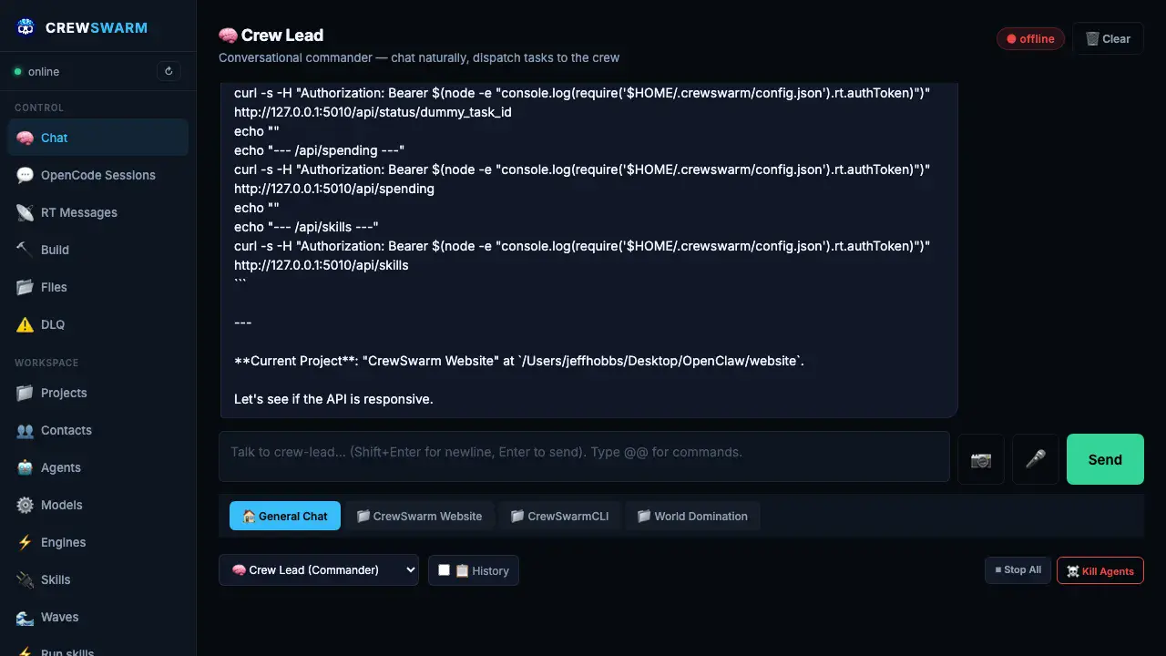 crewswarm agents tab showing the 21+ specialist agent crew with their roles and model assignments