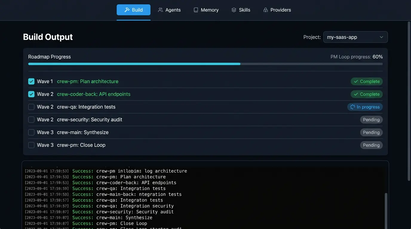 crewswarm dashboard showing the Build tab with live PM Loop output and task progress