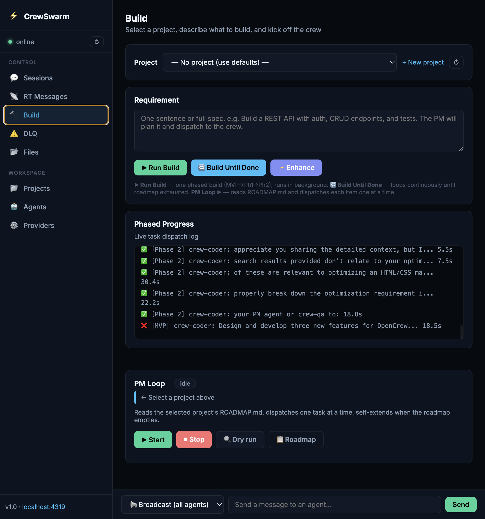 CrewSwarm dashboard showing the Build tab with live PM Loop output