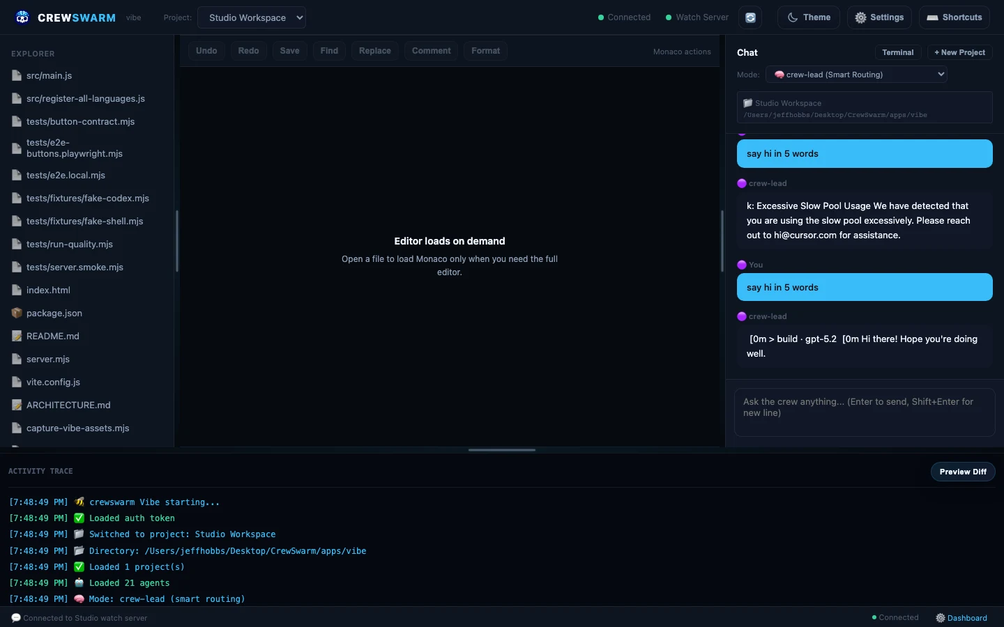 Real Vibe browser IDE screenshot with file explorer, editor workspace, agent chat, and activity trace